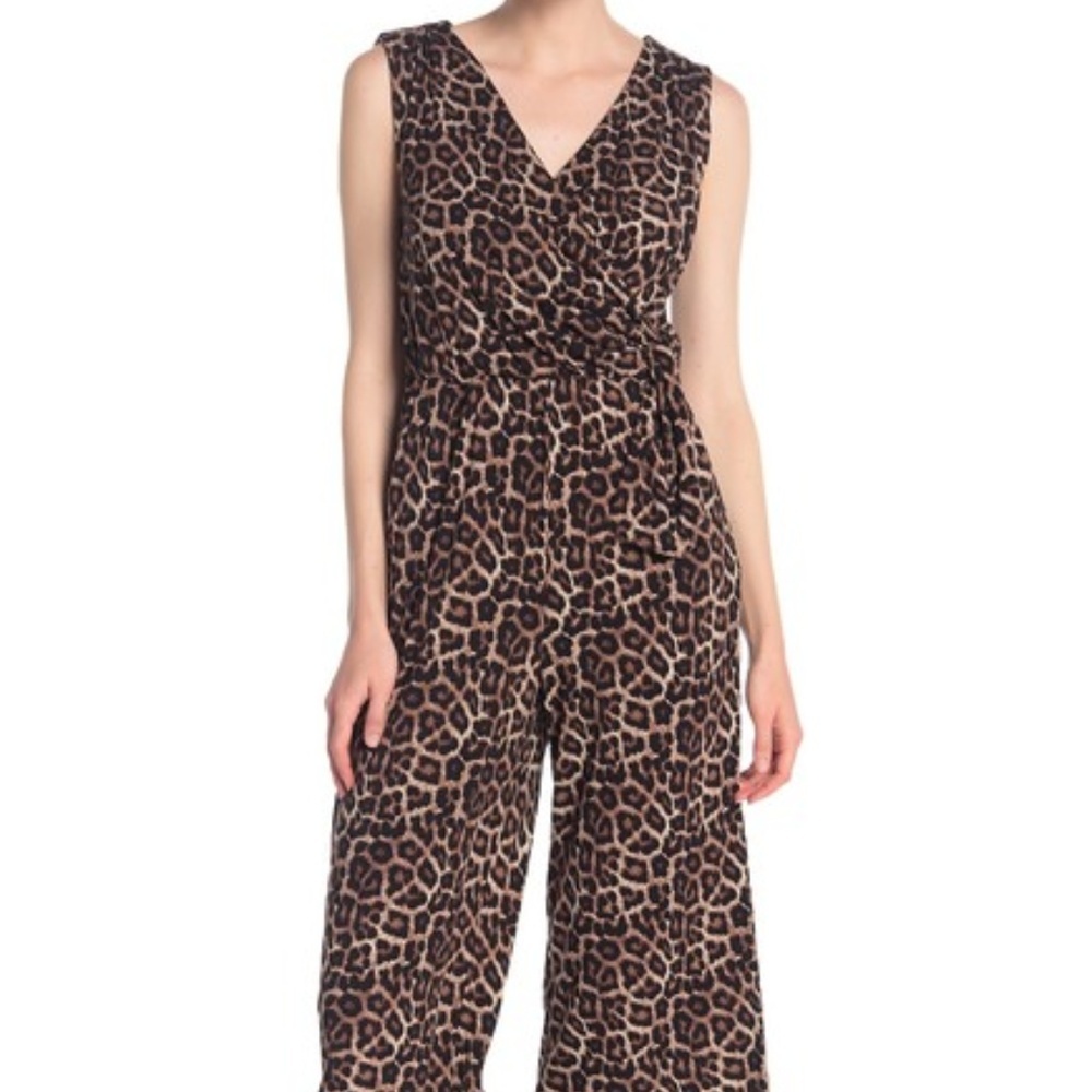A sleeveless leopard printed cropped jumpsuit.  Fi